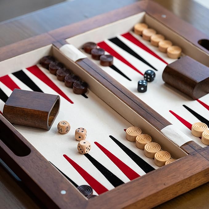 15.5'' Deluxe Solid Wood 3-in-1 Chess Set: Portable Chess Backgammon and Checkers with Hollow Handle Box Folding Board for Travel Suitable for Adults