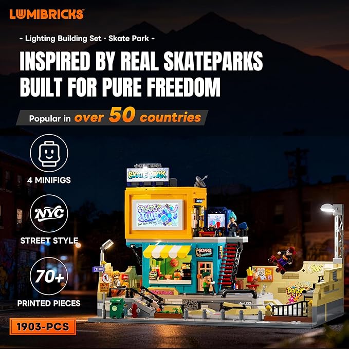 Skate Park Lighting Building Blocks Set - Street Fusion City Town Modular Playset Collection Display kit with Minifigures 1903 Pcs for Adults &amp Teens &amp Life Enthusiasts