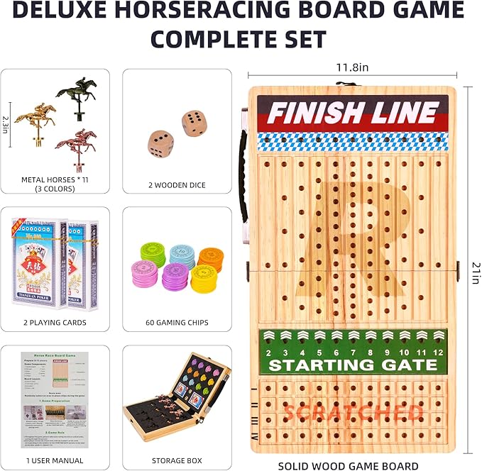 21 Large Horse Race Board Game - Solid Wood Horse Racing Game with 11 Metal Horses 60 Poker Chips Dice &amp Cards Foldable Tabletop Party Game for Adults Family Game Night &amp Friends