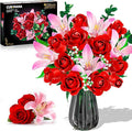 Rose Flower Bouquet Building Set with LED - Red Rose Botanical Collection Building Block Set for Adults Pink Lilies Artificial Plant for Home Decor Easter Gifts for Her Women Girls