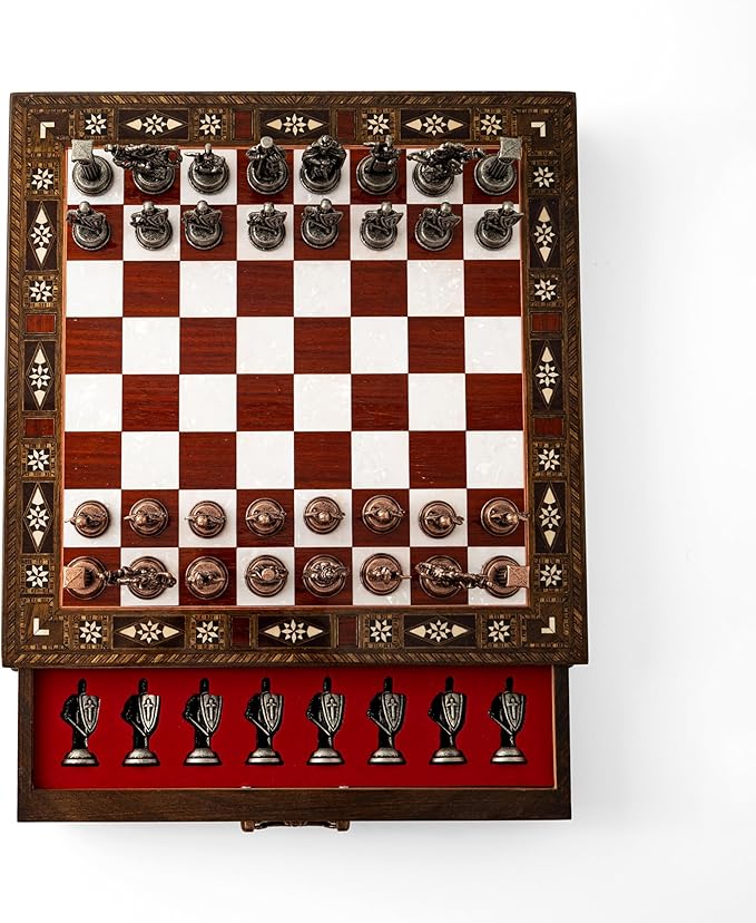 Luxury Wooden Chess Set with Metal British Army Pieces – Handmade Walnut Chess Board with Storage – Decorative Gift for Adults &amp Father Gift (Rose)