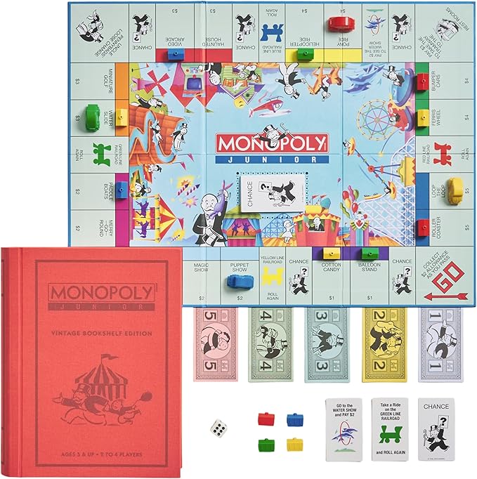 WS Game Company Junior Vintage Bookshelf Edition 3-Pack Board Game Bundle with Monopoly Junior Scrabble for Juniors and Clue Jr. in Premium Linen Fabric-Wrapped Storage Book Cases for Kids Ages 5+