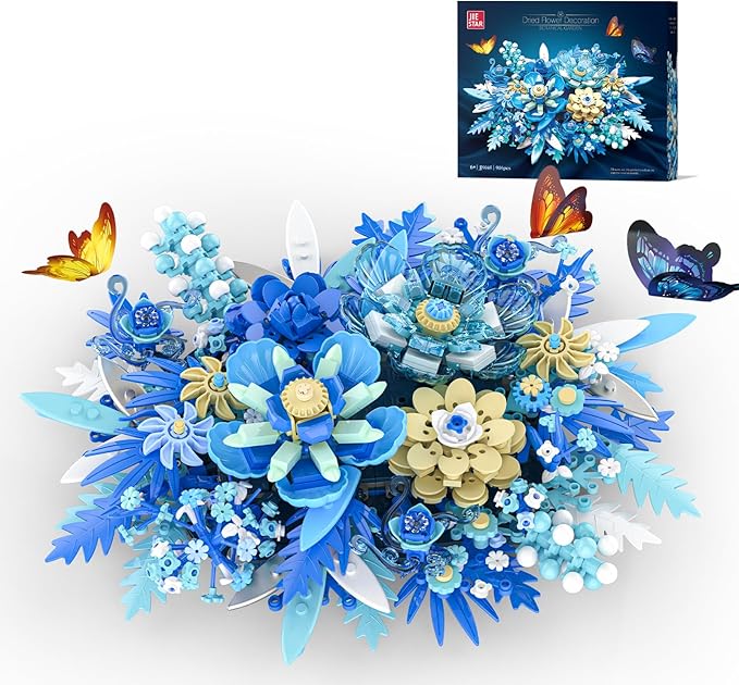 Blue Flowers Bouquet Building Sets Artificial Flower Botanical Collection Home Decor Office Wall Art Plant Decoration Building Toys Gifts for Adults Women and Kids Girls Age 8-12 (917 PCS)