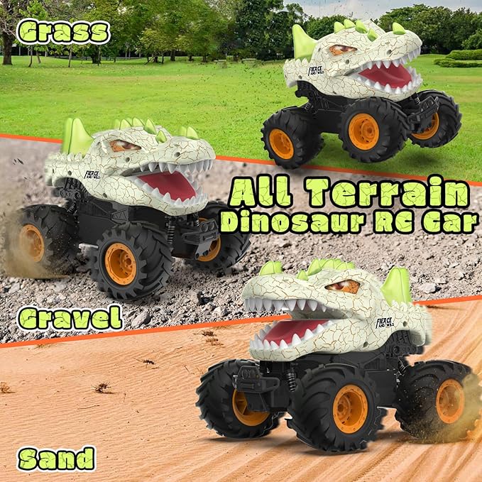 Dinosaur Remote Control Car 2.4GHz Monster Truck Toys Rechargeable RC Cars 1:24 Scale RC Truck with LED Light Movable Mouth Dinosaur Cars Toys for Kids 6-8 8-12 Birthday Gift Orange