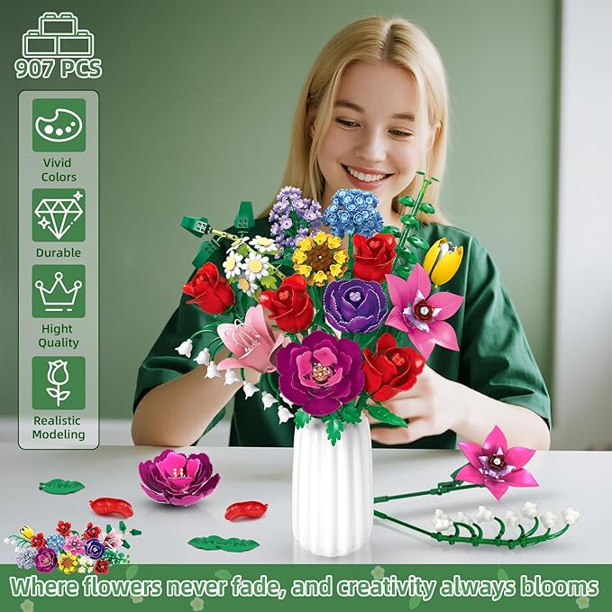 Flower Bouquet Set for Adults Botanical Collection Building Block Toy with Roses Sunflower for Teen Girls Artificial Plant Home Office Decor Gifts for Valentines Birthdays Mother's Day