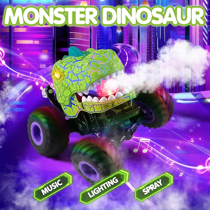 DYODYORC Remote Control Car 2.4Ghz All Terrain Dinosaur Monster Truck Toys RC Truck with Spay Music 3 Lighting Effects Stunt Capable Toy Gifts for Boys and Girls (Green Purple)