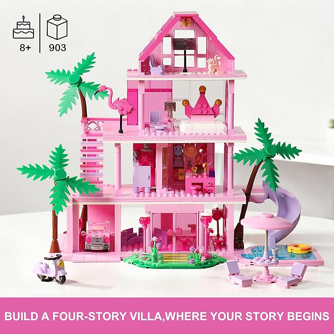 Girls House Building Sets Compatible with Lego Friends for Girls Age 8-12 4-Story Pink Villa Building Blocks Toys with Pull-Out Floors 903 Pieces Great Birthday Gift for Girls 8-14