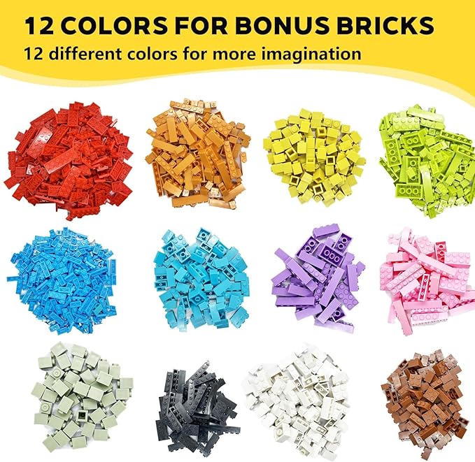 1600 Pieces Building Bricks Classic Bulk Building Blocks for Kids with Wheels and Axles Sets Windshield Windows Doors Baseplates Compatible with All Major Brands - 18 Shape/12 Color