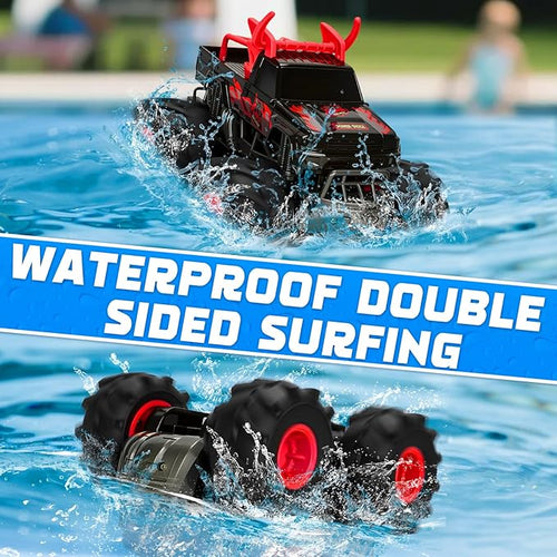 1:16 Waterproof Monster Truck Toys RC Cars 2.4GHz Remote Control Truck for Kids Boy Ages 89101112 Years Old 4WD All Terrain Off-Road with LED Lights RC Boat for Boy Girl Birthday Gift - Red