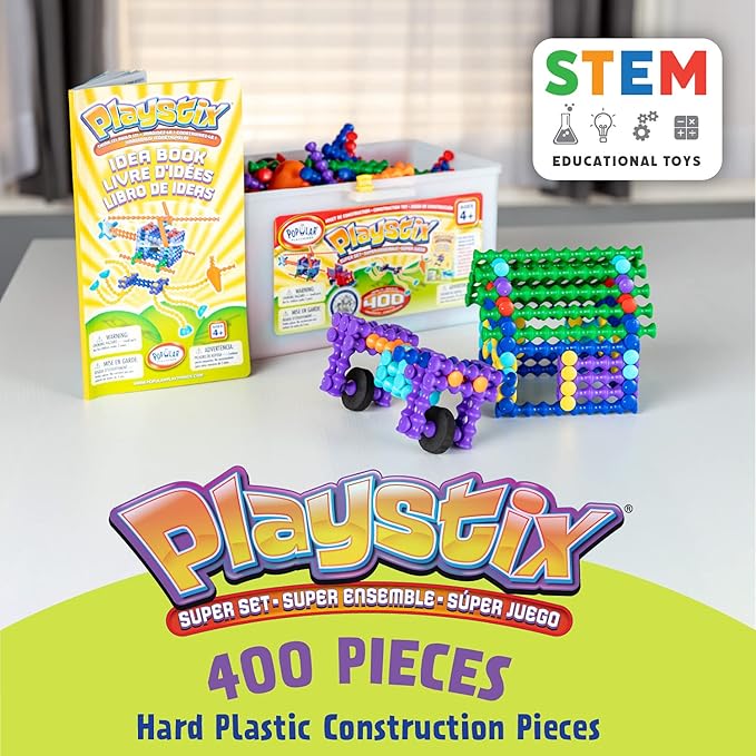 POPULAR PLAYTHINGS Playstix Building Sticks Kit for Kids Construction Stem Building Toy Gift for Boys &amp Girls - Super Set 400 Piece