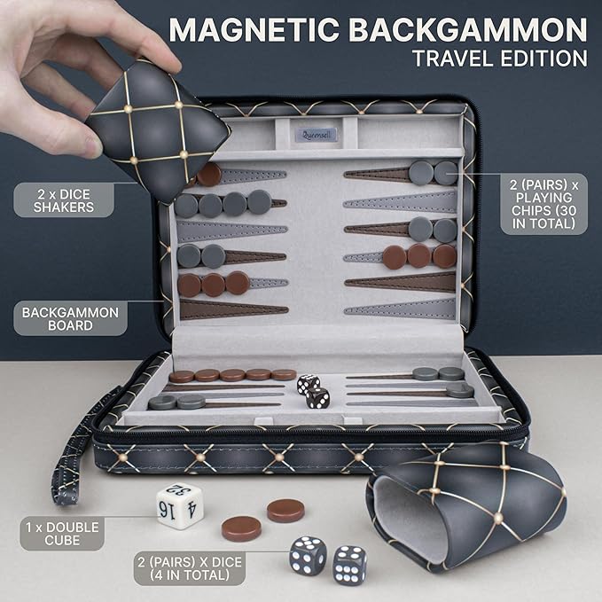 Magnetic Travel Backgammon Sets for Adults - Quality PU Leather Backgammon Board Game for Adults and Kids - 14 Gift for Man Backgammon Board with 32 Magnetic Pieces in PU Leather Case