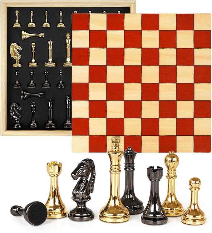 Metal Chess Set for Adults &amp Kids with Metal Chess Pieces –Wooden Chess Board Game with Portable Storage Case Classic Strategy Family Board Game Gift Travel Chess Set