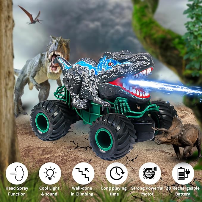 Dinosaur Remote Control Car 2.4GHz RC Mega Monster Truck Toys for Toddlers Dinosaur Toys with Light Sound Spray Christmas and Birthday Gifts for 3 4 5 6 7 8-12 Kids BoysAll Terrain RC Cars