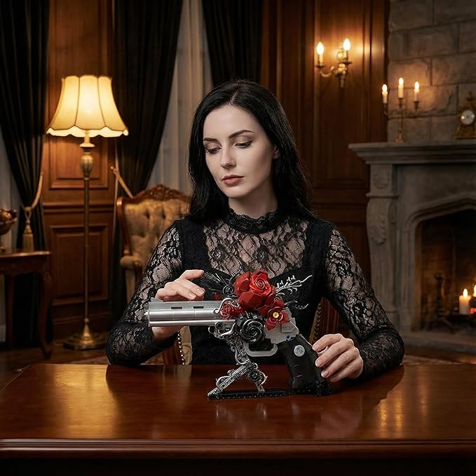 Gothic Rose Mechanical Display Building Blocks Set Black &amp Silver Floral Art Sculpture Model Kit Dark Goth Romance Desk Shelf Decor Gift for Valentine’s Day