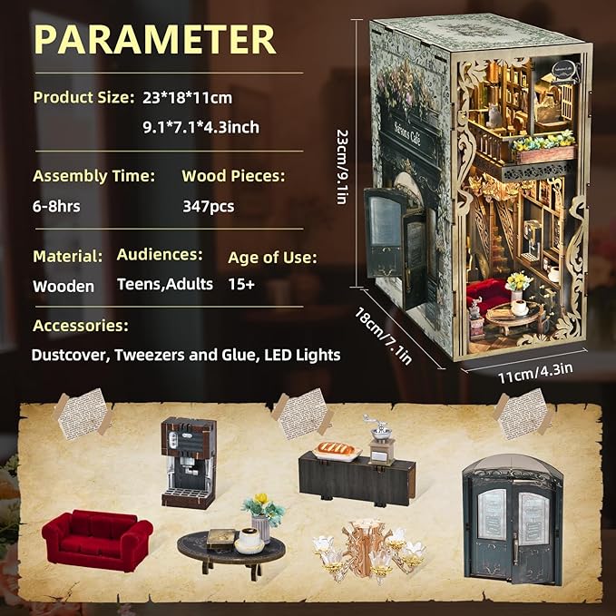Book Nook Kits for Adults and Teens DIY Miniature Dollhouse Kit 3D Wooden Puzzle Booknook Bookend with LED Light Gifts for Family Friends (Saison Café)