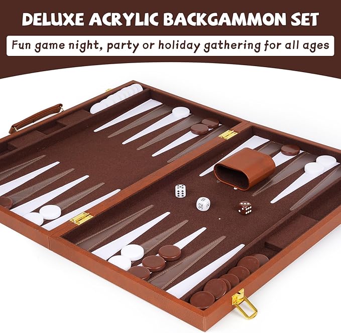 Large 3-in-1 Chess Set &amp Checkers Backgammon Set – 19 Folding Leather Chess Board with Handle Acrylic Chess Pieces &amp Checkers 4 King with 2 Extra Queens Luxury Travel Board Game Set