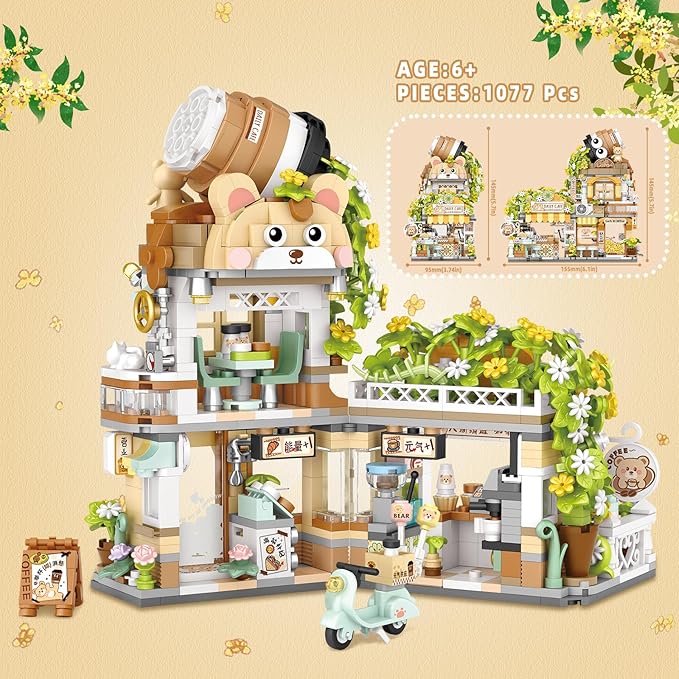 Street View Coffee Shop Mini Building Blocks MOC Creative Building Toys Cute Animals Building Set for Girls 6-12 Simulation Architecture Construction Toy Gift Idea for Kids Adults (1077 PCS)