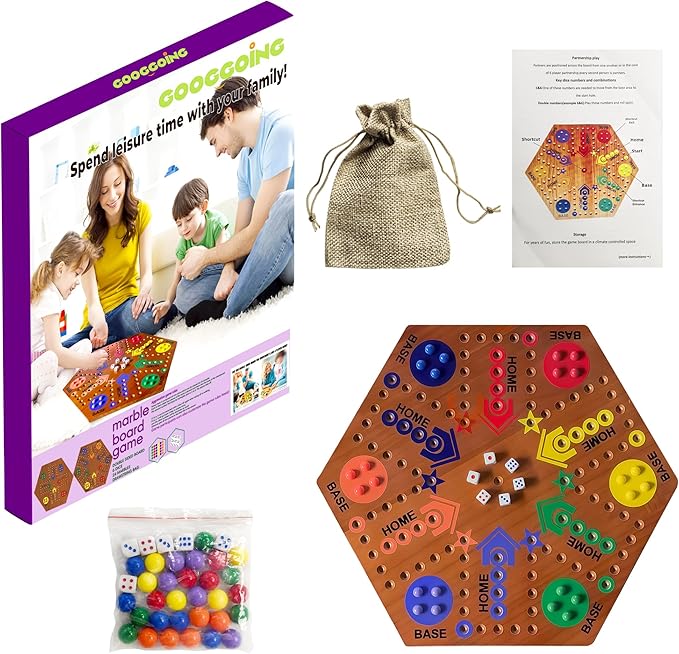 Wooden Board Game Board Game Original Marble Game Double Sided Painted 2 to 6 Player Fast Track Wooden with 6 Colors 24 Marbles 6 Dice for Adults Kids Family(15 INCH Flame)