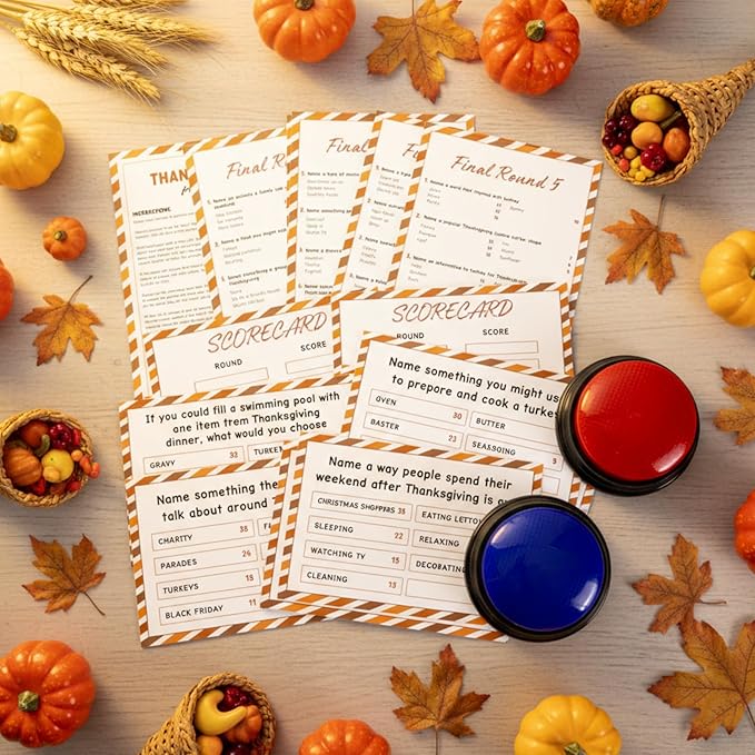Thanksgiving Day Friendly Feud Game with 2 Answer Buzzers Fall Holiday Feud Cards Family Game Night Fun Trivia Quiz for Friendsgiving Party Office Adults Class Groups Team Building