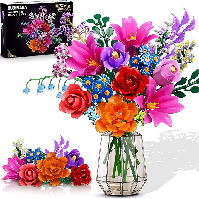 Flowers Bouquet Building Set with LED Light 21 Flower Botanical Collection Block Toy Rose Home Plant Decor 1054PCS for Her Adults Women Mom Kids Girls 12+ (RED)