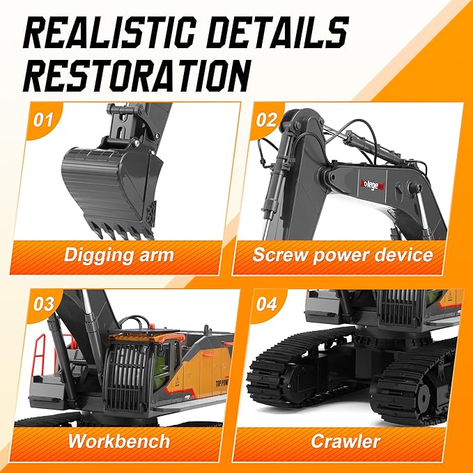 kolegend 1:14 RC Excavator 25 Channel 4 in 1 Construction ToysRemote Control Vehicles Tractor Sandbox Toys Diggerwith Metal BucketDrill BitGripper &amp Wood Gripper RC Truck