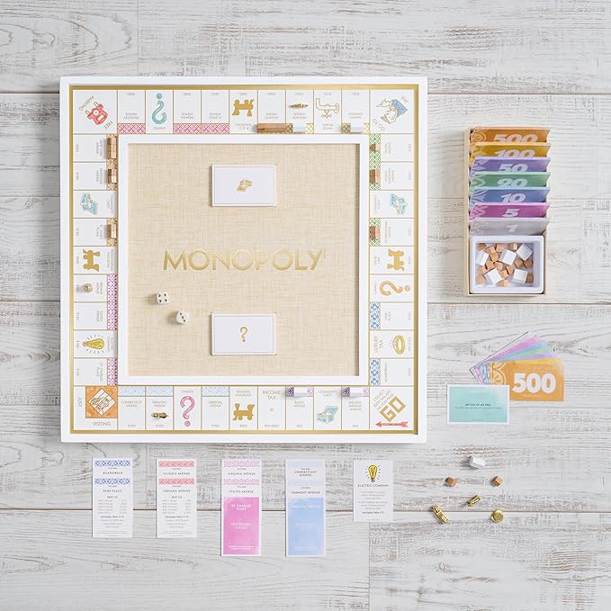 WS Game Company Monopoly Bianco Edition White Wood Board Gold-Tone Tokens Grasscloth-Textured Center Solid Wood Houses &amp Hotels Premium Accessories Board Games for 2-6 Players