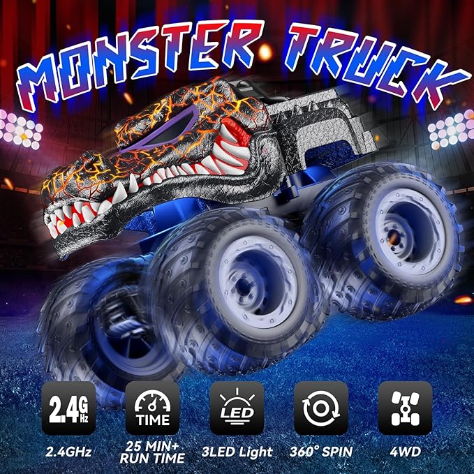 Remote Control Car 2.4GHz Monster Trucks Toys with Light Spray Birthday Gift for Kids 3 4 5 6 7 8 All Terrain RC Cars Toddler Toys for Boys Girls 3+ Year Old (Crocodile)
