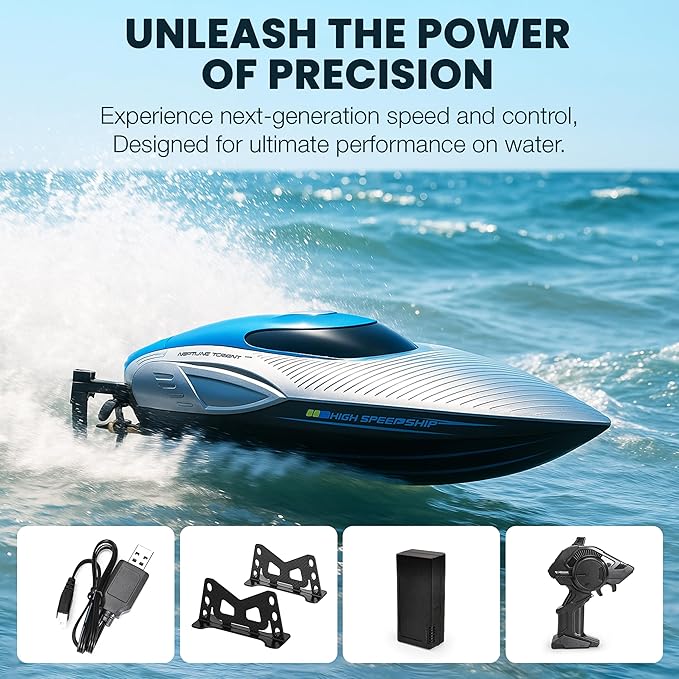 RC Boat for Adults &amp Kids Metallic Blue 2.4GHz Remote Control Racing Boat 25 MPH Self-Righting Waterproof Long Range Rechargeable LED Light High Speed Electric Toy Boat for Lake Pool &am