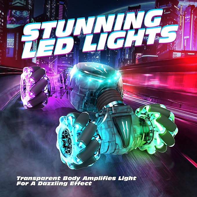 Tecnock Remote Control Car for Boys Girls 2.4GHz 4WD Gesture Sensing RC Stunt Car Toys - 360° Rotating Double Sided Hand Controlled RC Cars with LED Lights Gifts for Kids Ages 6-8 8-12
