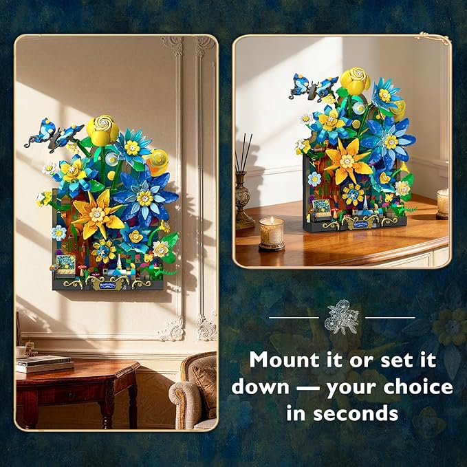Starry Night Flower Wall Building Set with Lights Botanical Collection Famous Painting Artwork Building Block with Butterfly 1008 PCS Home Wall Decor for Adults Girls 10+