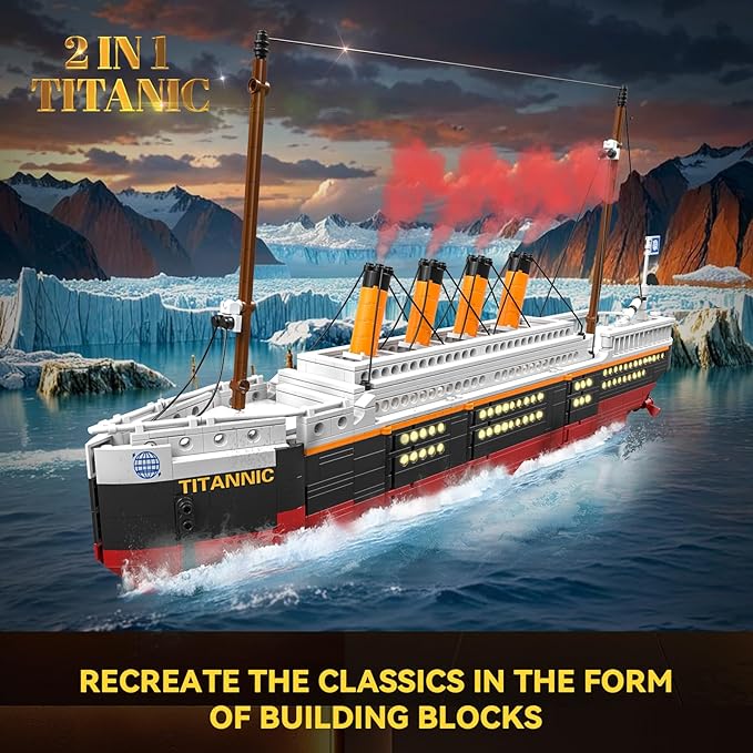 2 in 1 Titanic Building Set Titanic Big Ship Model Building Kit with Lights Bricks and Glacier Compatible with Lego for Adults Men 1928 Pieces STEM Construction Toy for Teens 14+