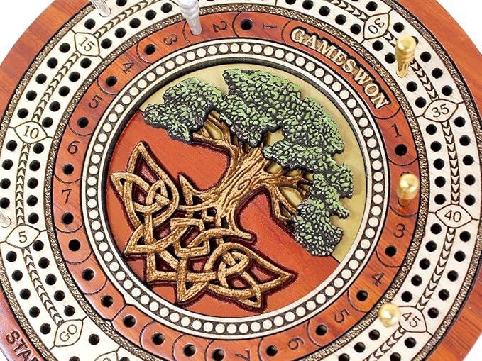 House of Cribbage - 2 Track 60 Points - Tree of Life Inlaid Wooden Travel/Pocket Size Cribbage Board - Size 4 Inch (Blood Wood/Maple Wood)