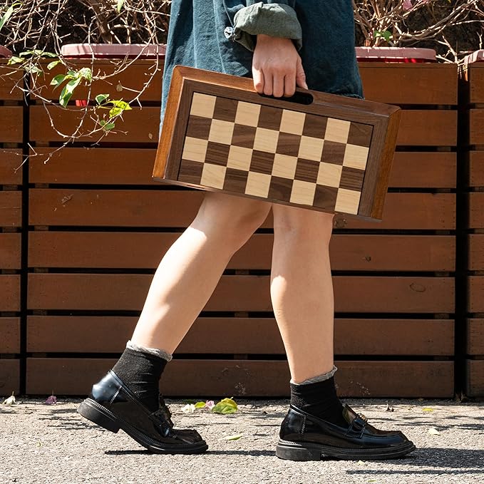 15.5'' Deluxe Solid Wood 3-in-1 Chess Set: Portable Chess Backgammon and Checkers with Hollow Handle Box Folding Board for Travel Suitable for Adults