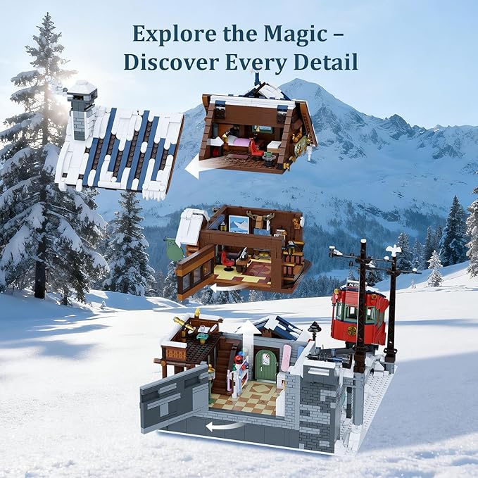 PANTASY Winter Summit Ski Lodge Building Set3-Story Mountain Cabin with Vintage Tram&ampSnowy LandscapeModular Brick Architecture Model with Opening WallIce Cave&ampMinifigures Holiday Display fo