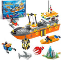 City Ocean Explorer Ship Building Set Exploration Boat Set Toy Building Block with LED Lights Helicopter Submarine and Shark Cage Birthday Gifts for 6 8 10 12 Years Old Boys Kids Girls