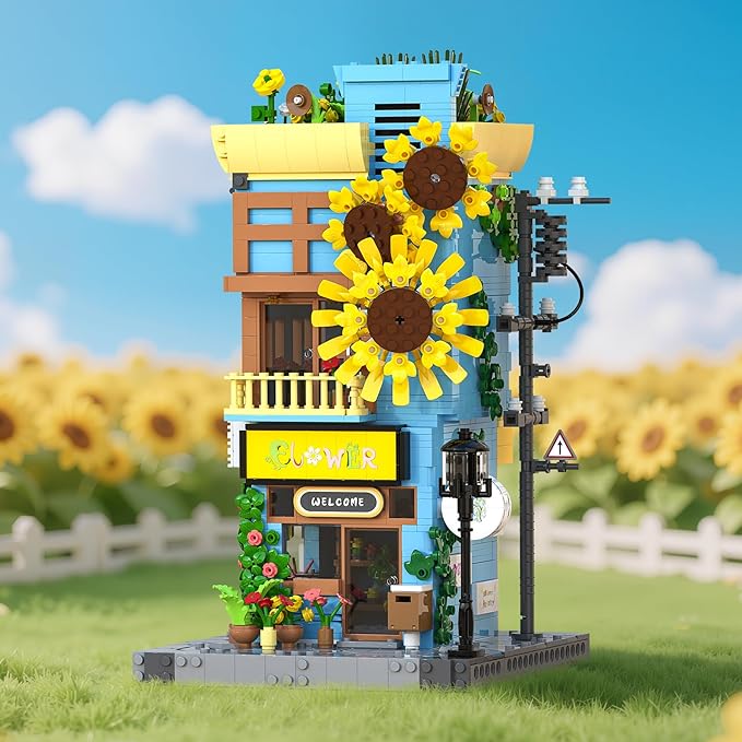 Sunflower House Building Set with LED Light 3-Story Japanese Street View House Blocks 1580PCS Creator Architecture Model Building Kit Home Office Decor Gift for Adults