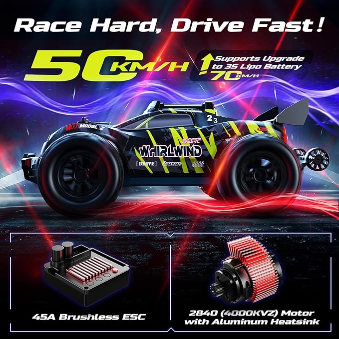 DEERC 1611 1/14 Fast Brushless RC Car for Adults 43 MPH High Speed 4x4 Off-Road RC Truck Waterproof Monster Truggy All Terrain Remote Control Drift Car for Boys 8-12 2 Batteries 3S Lipo Compatibl