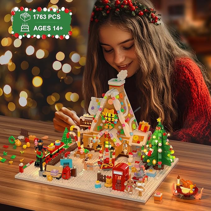 2025 Christmas Gingerbread House Courtyard Mini Building Set with Lights Christmas Village Building Block Toy with Santa Xmas Tree Holiday Train Gift for Adults Boys Girls 14+ (1763PCS)