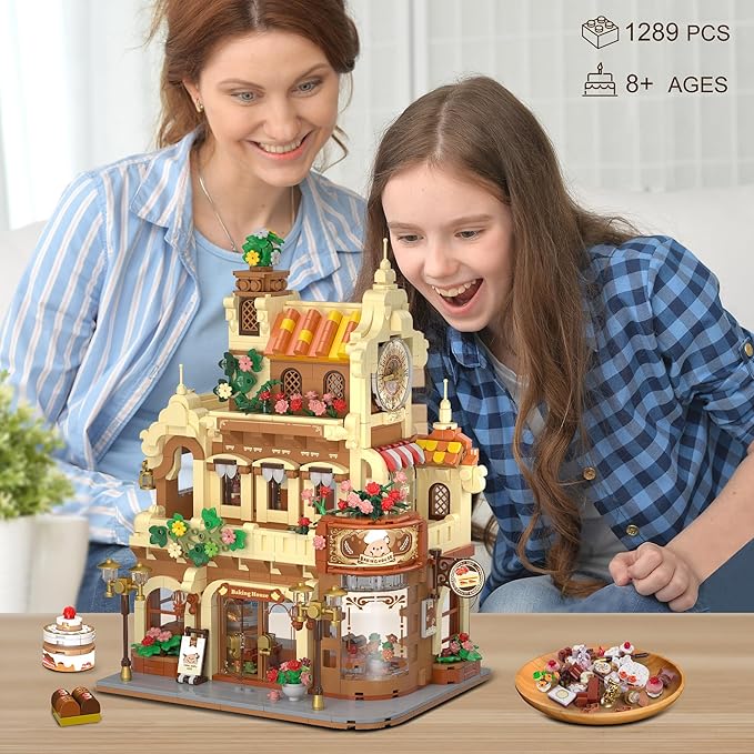 City Bakery Cafe House Building Set with Light 1289 PCS Baking Shop Building Block Toy with Coffee Cake Bread Bakery Room Pastry Construction Model for Adults Teens Kids Boys Girls Ages 8-12+