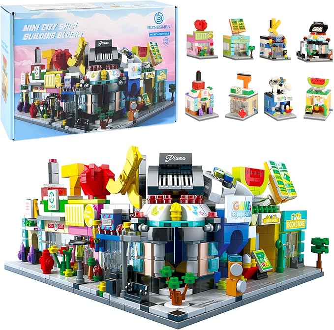8 in 1 Mini City Street Scene Building Blocks Set - 8 Pack Toy Shops: Beauty Supermarket Music Fruit Bookstore+ (894 PCS) | Gift for Kids 6+ - Birthday|Easter|Holiday