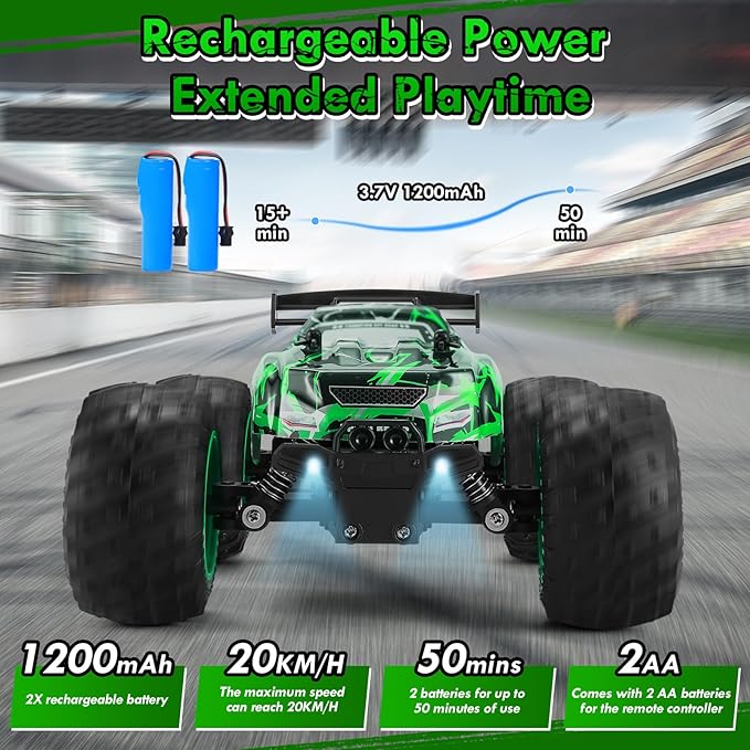 Remote Control Car 1:18 Rc Cars All-Terrain RC Truck with LED Light 20KM/H Rechargeable 2WD 2.4GHz Sturdy PVC Shell Remote Control Truck for Boys 4-7 8-12 Beginner (Green)