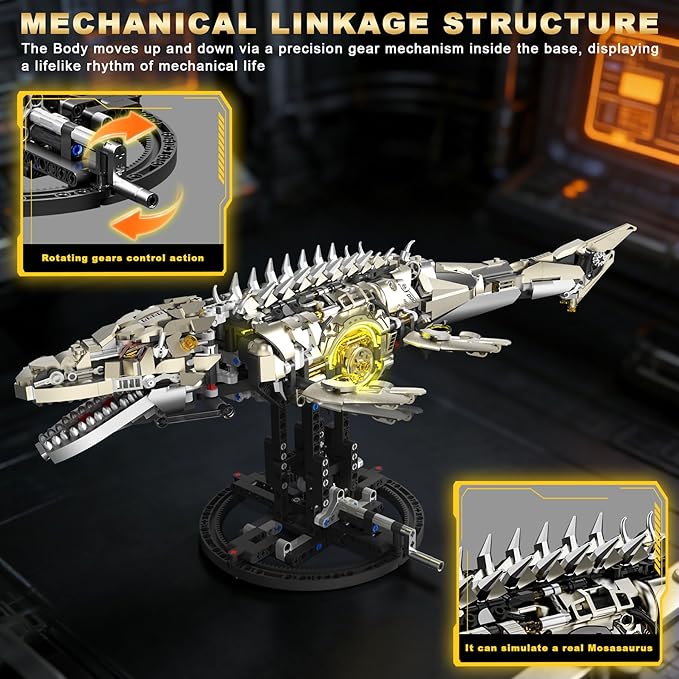 Mechanical Mosasaurus Building Set for Adults Dinosaur Building Block Set Compatible with Lego 1413PCS Ocean Animal Collection Toy with Display Stand and Light Home Office Decor Idea Gift