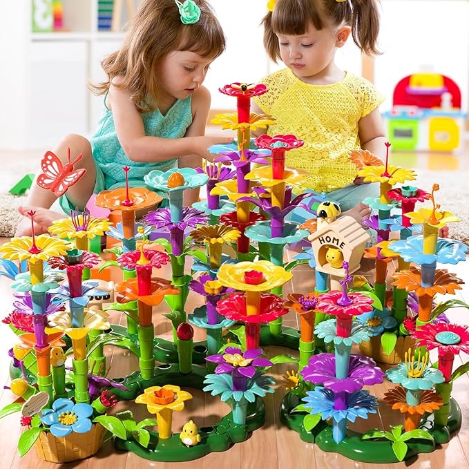 TEMI 138 PCS Flower Garden Building Toys for Girls Toys Educational STEM Toy and Preschool Garden Play Set for Toddlers 3 4 5 6 7 8 Year Old Kids Boys Girls Flower Stacking Toys for Kids Age 3-6