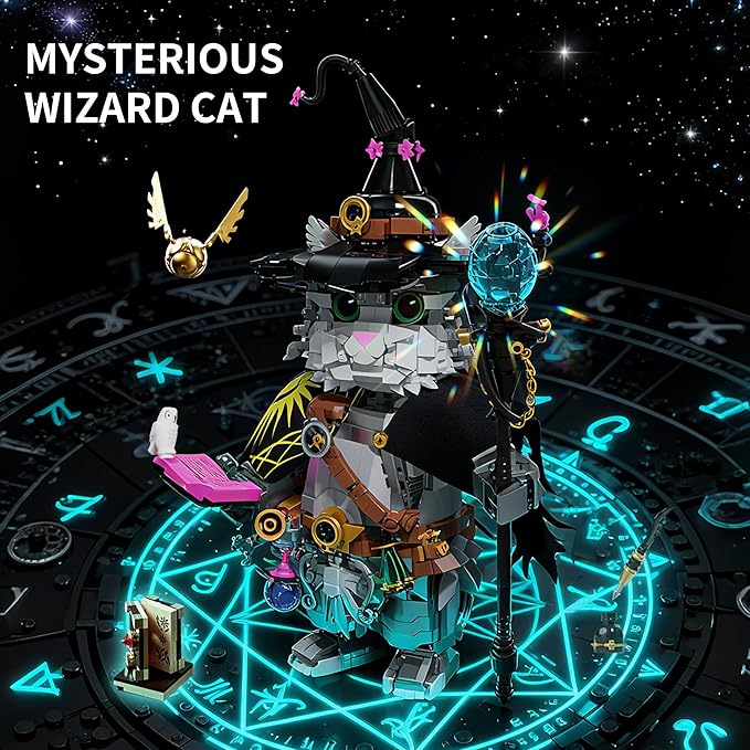 Magic School Wizard Cat Building Set 1458 Pieces Sorcerer Kitten Model Kit with Magic Staff Flying Golden Ball &amp Owl Fantasy Animal Construction Toy Witchy Home Decor Gift for Adults &amp Teens