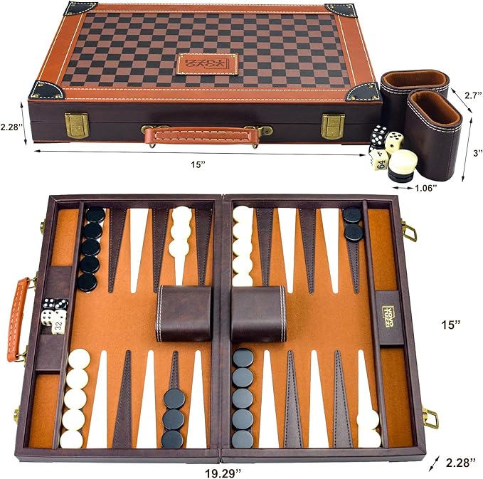 Premium Backgammon Set Backgammon Sets for Adults15 Inches Backgammon Board Games for Adults and Kids Travel Backgammon Set Strategy Game Checkerboard Design Brown