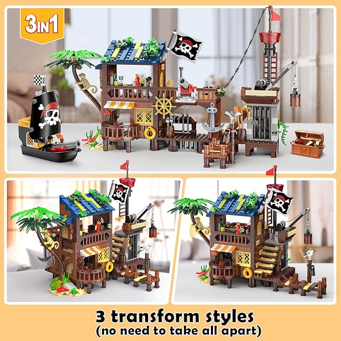 HOGOKIDS Pirate Ship House Building Set with LED Light - 3 Style Modes Pirate Wharf Supply Center Building Block Set 781PCS STEM Bricks Kit for Kids Girls Boys Ages 6-12+ Valentines Gifts
