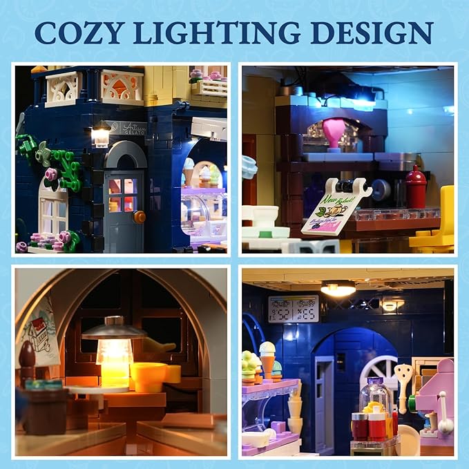 FUNWHOLE Gelato-Store Lighting Building-Bricks Set - City Town Ice Cream Shop LED Light Modular Collection Kit 1948 Pcs Display Model for Adults and Dessert Lovers