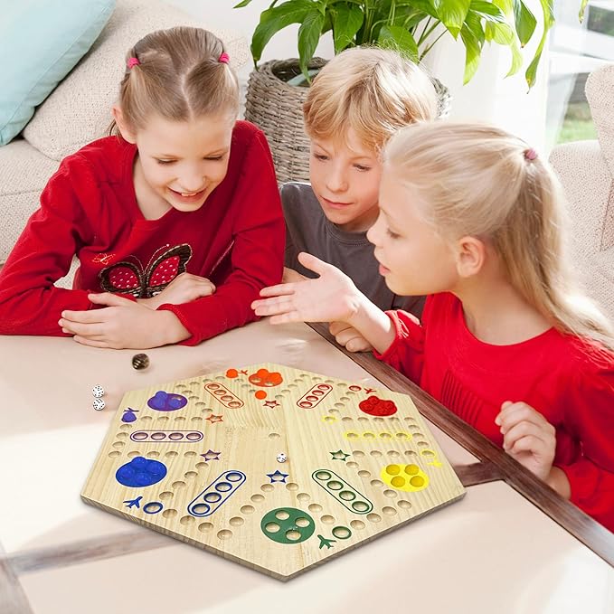 Wooden Wahoo &amp Board Game – Double-Sided Painted Fast Track Game for 4 to 6 Players with 30 Marbles and 6 Dice Ideal for Family Game Night and Friends Gatherings (Wooden)