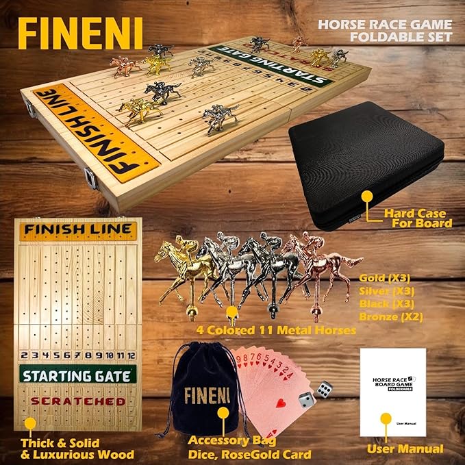 Horse Racing Game for Adults Foldable Horse Race Board Game with 11 Luxurious Metal Horses (Gold Silver Black RoseGold) 22” Pine Wood Horse Race Game Board Dice &amp RoseGoldCard (Log Color)