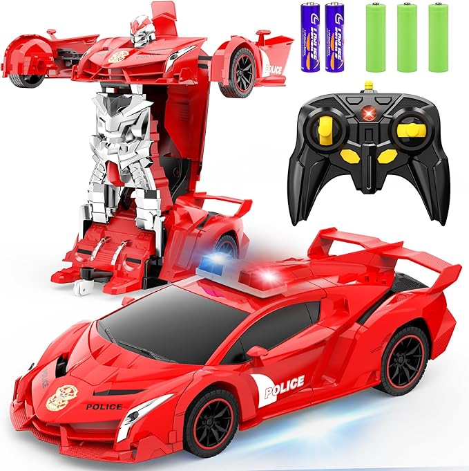 FDJ Transform Remote Control Car Robot One Button Deformation to Robot with Flashing Light 2.4Ghz 1:18 Scale Transforming Police Car Kids Toys with 360 Degree Rotating Drifting Toys for Boys Girls